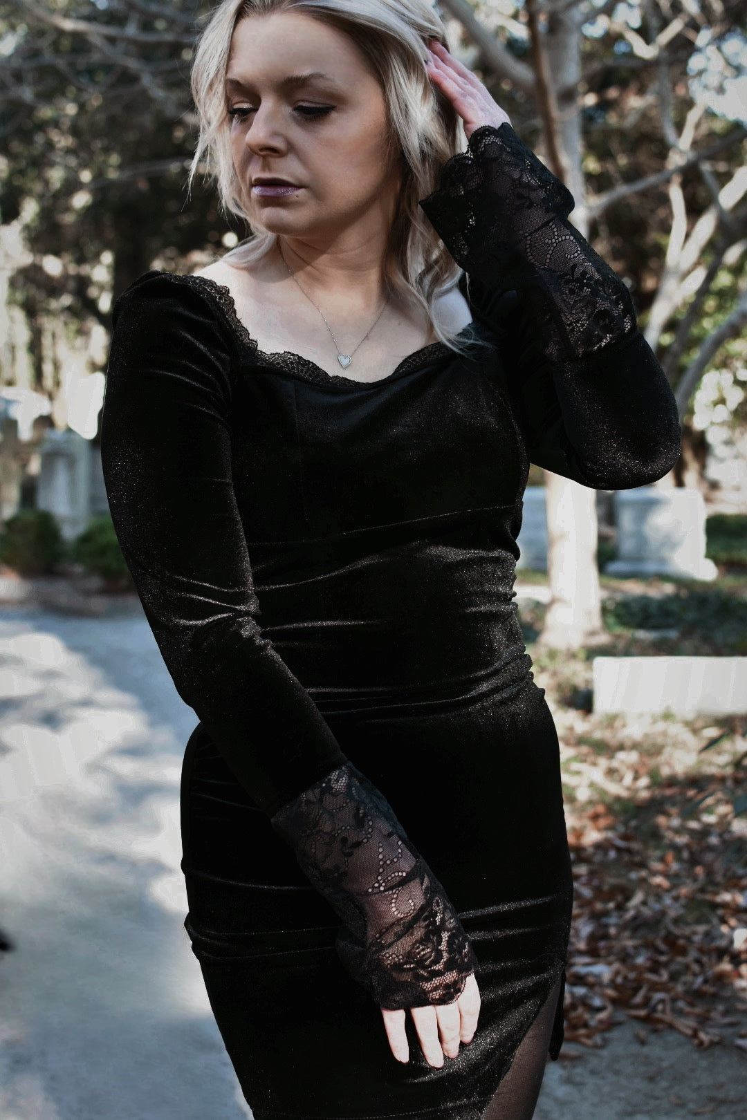 Cemetery Blues Velour Lace Trim Mini Dress Cemetery Blues Velour Lace Trim Mini Dress