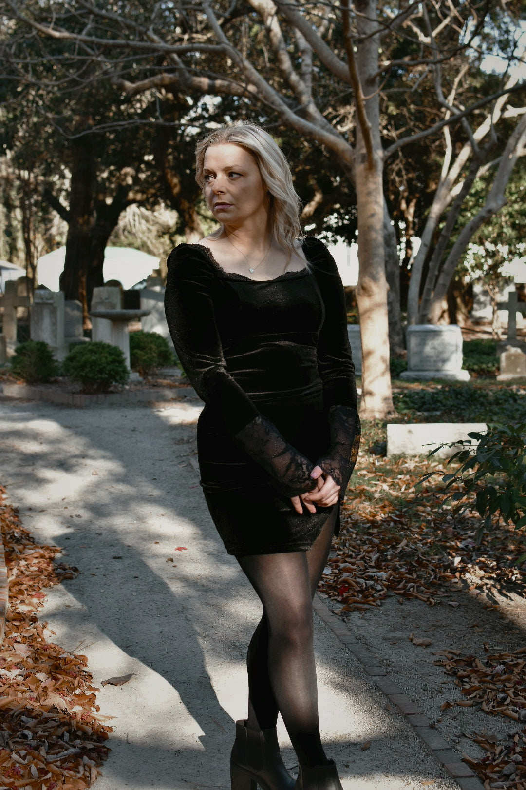 Cemetery Blues Velour Lace Trim Mini Dress Cemetery Blues Velour Lace Trim Mini Dress